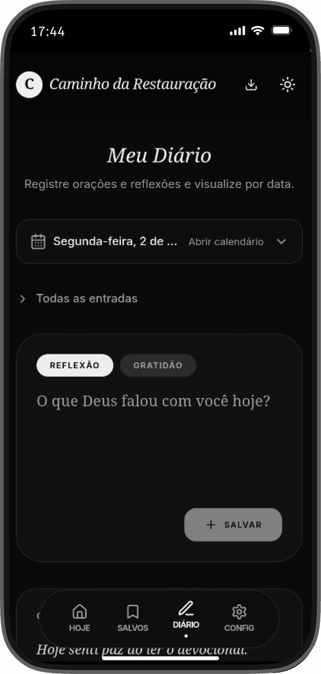 Tela Meu Diário do app Caminho da Restauração - reflexões e gratidão